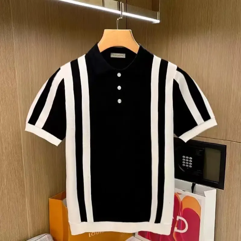 Premium Knit Stripe Polo Shirt for Men Stylish Button Down
