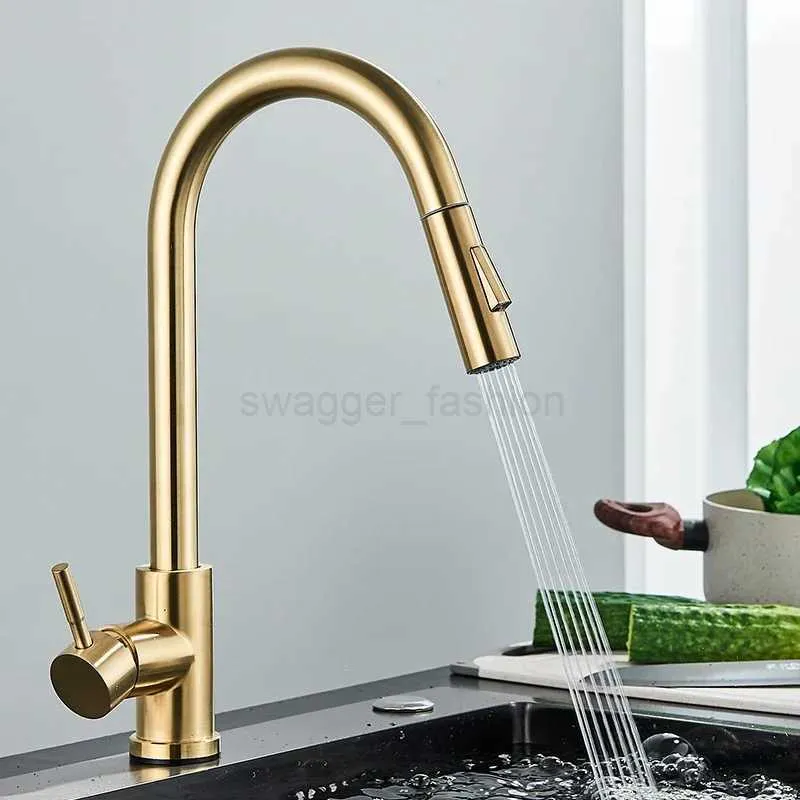 Brushed Gold Kitchen Sink Faucet, Single Handle Pull Down Sprayer, High Arc Swivel, Modern Centerset