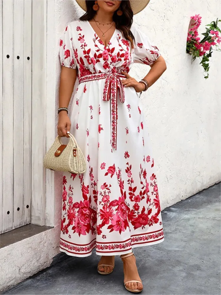 Flower Floral Modis Lantern Sleeve Dress - Plus Size Summer V-Neck Long Dress with Loose Ruffle and Pleated for Women (240806)