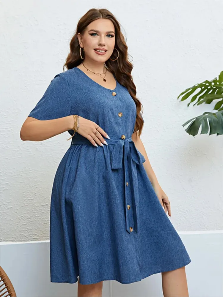 Summer Denim Midi Dress for Plus Size Women - Pleated V-Neck Casual Dress with Fashionable Style - Vestido Mujer 240806