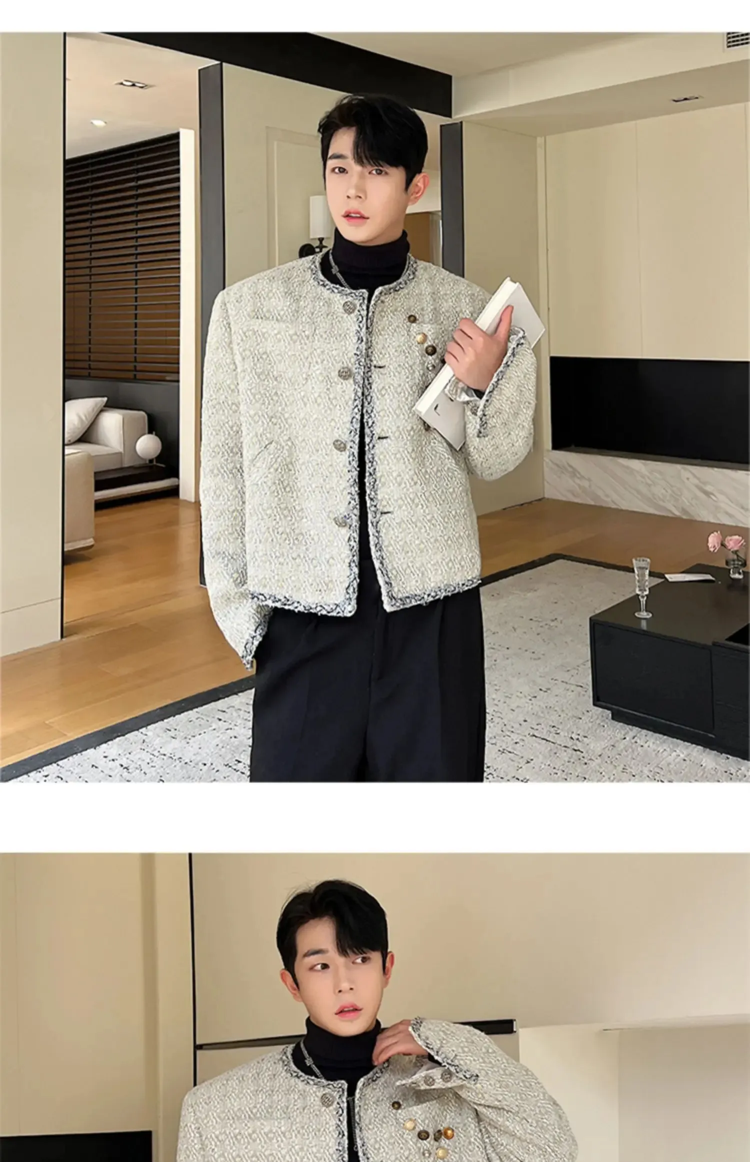 Trend Korean Style Collarless Coat: Button Detail, Autumn/Winter