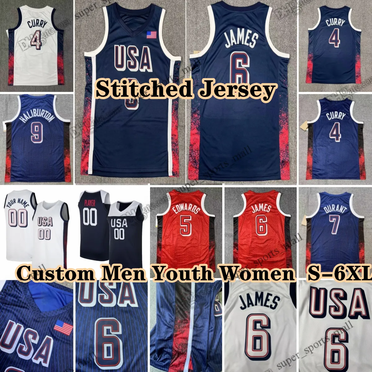 Custom S 6XL 2024 Team USA Kawhi Leonard James Stephen Curry Kawhi Leonard Davis Embiid Dream Adebayo Booker Jayson Tatum US Stitched Basketball