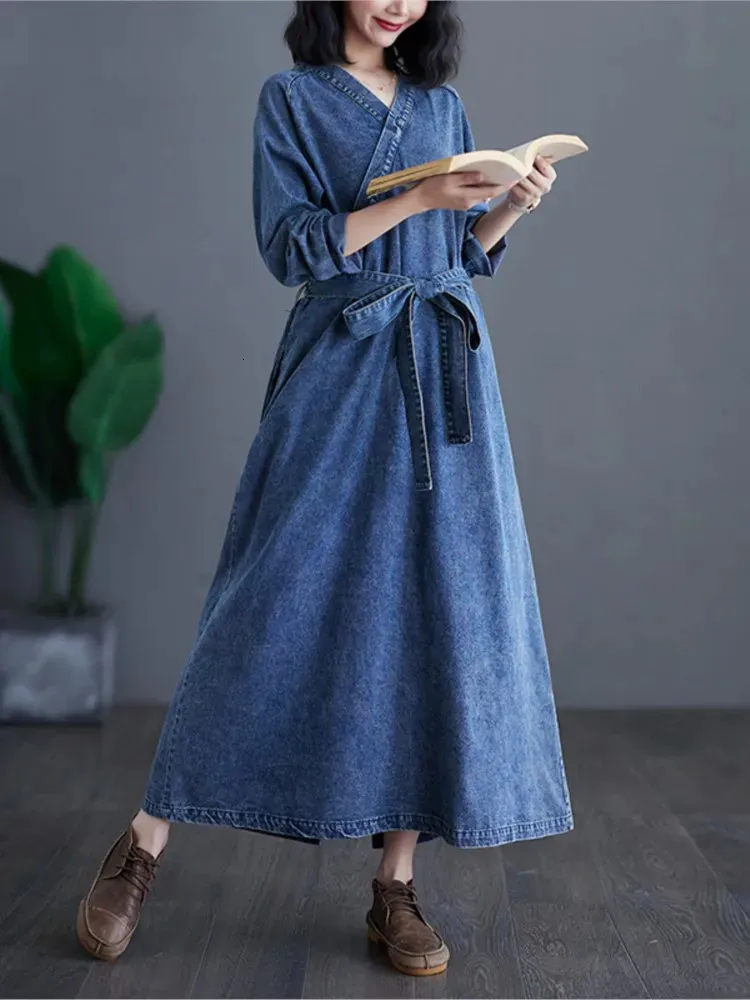 mysticastore Fashionable and Comfortable Women's Blue Denim Robe or Dress Ladies Long Denim Dress, Oversized Spring V Neck Dress With Ruffle Pleats,  Loose Fit, Long Sleeves Casual Fashion For Women From Mysticastore, $39.84  | DHgate.Com