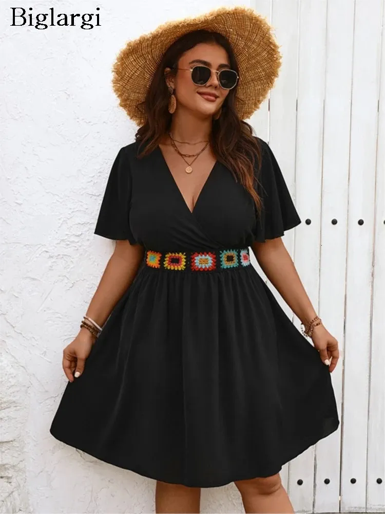 Summer Embroidered Mini Dress for Plus Size Women - Slim Waist, V-Neck, Ruffle, Pleated Loose Fit - Fashionable Ladies' Dress (240806)