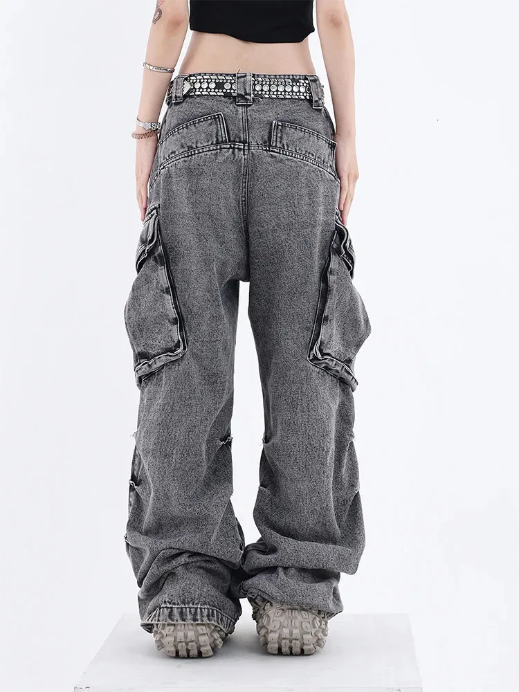 Women's Cargo Jeans - High Waisted, Baggy Straight Leg, Flap Pockets, Y2K Streetwear Denim Pants - View #6