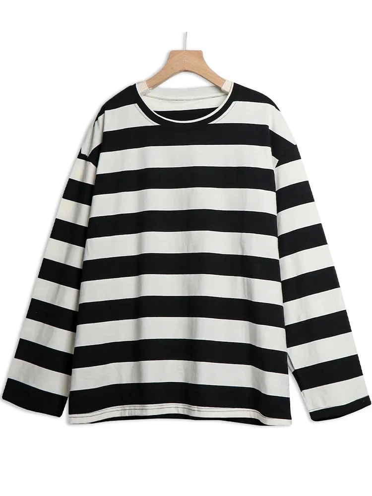 トップス STRIPED WOOL OVERSIZED LONG SLEEVE TEE M Women Harajuku Oversized Stripe Casual Long Sleeves Crewneck