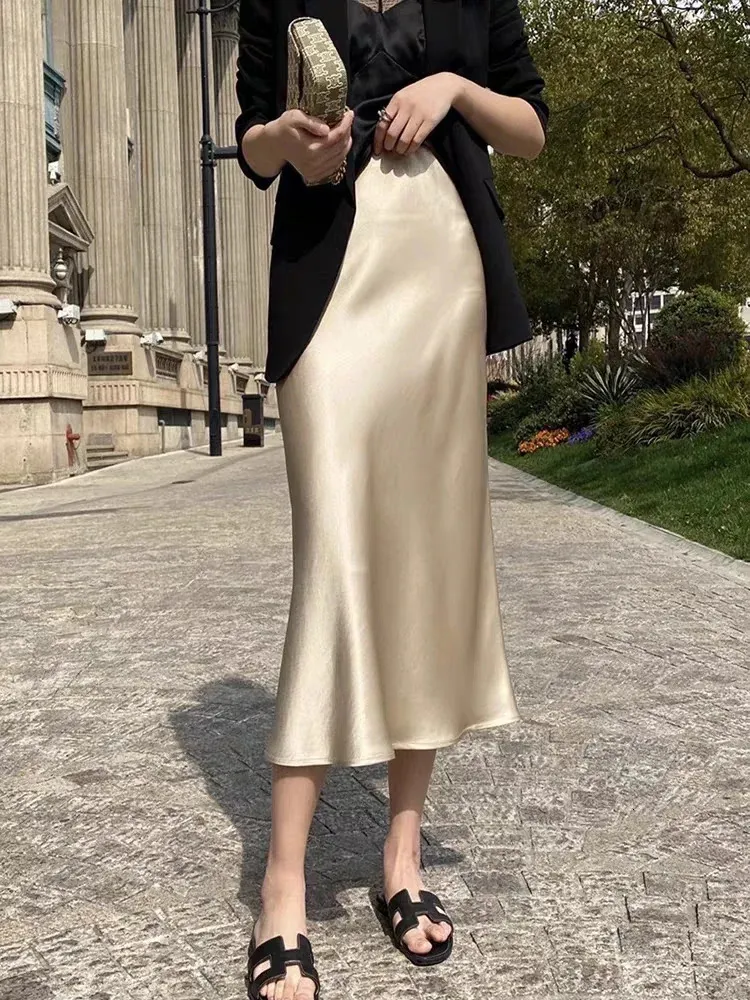 DHgate Champagne Silk Satin Skirt Korean Style A Line Midi Office Skirt for Women Apparel