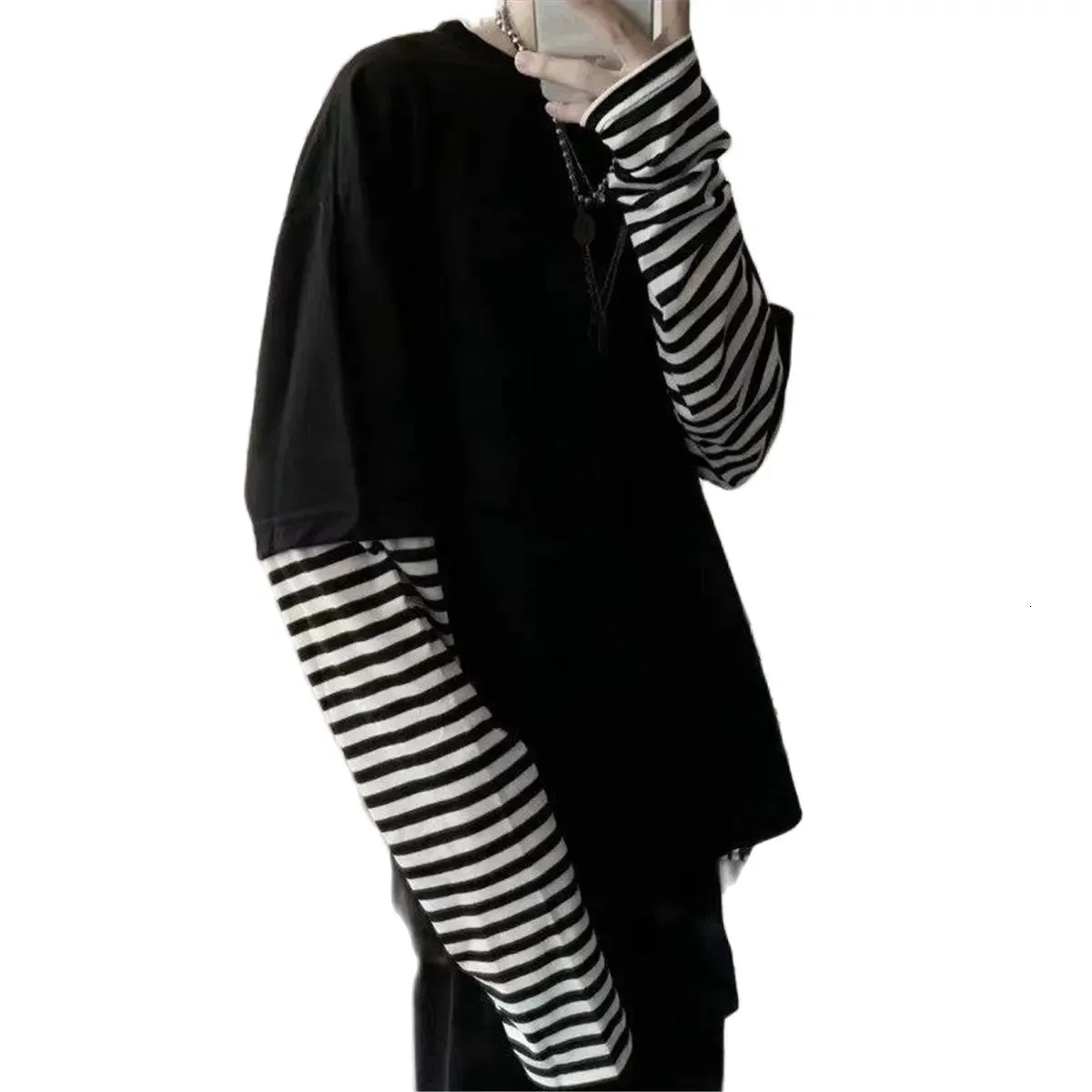 Cool Striped Patchwork T Shirt Men Autumn Oversize From