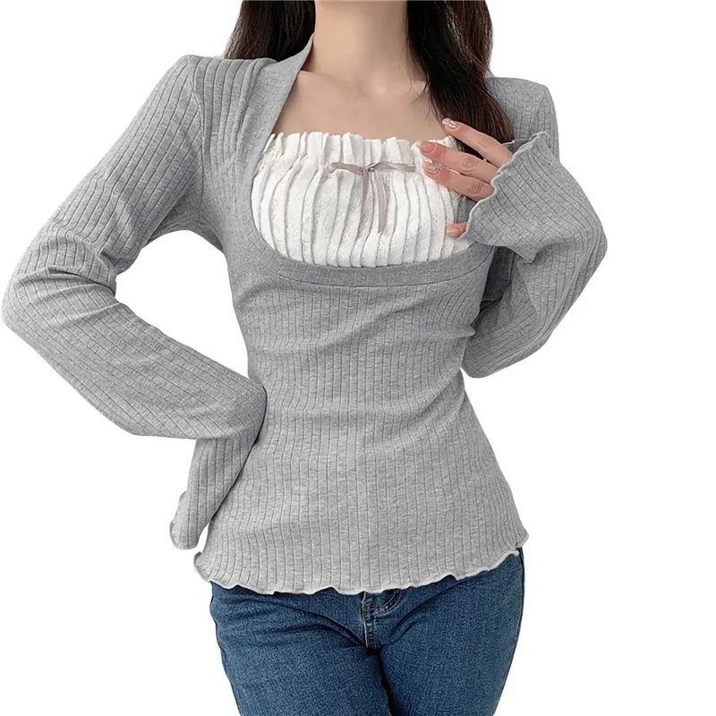 Elegant Square Collar Ribbed Tee - Y2K Fairy Grunge Long