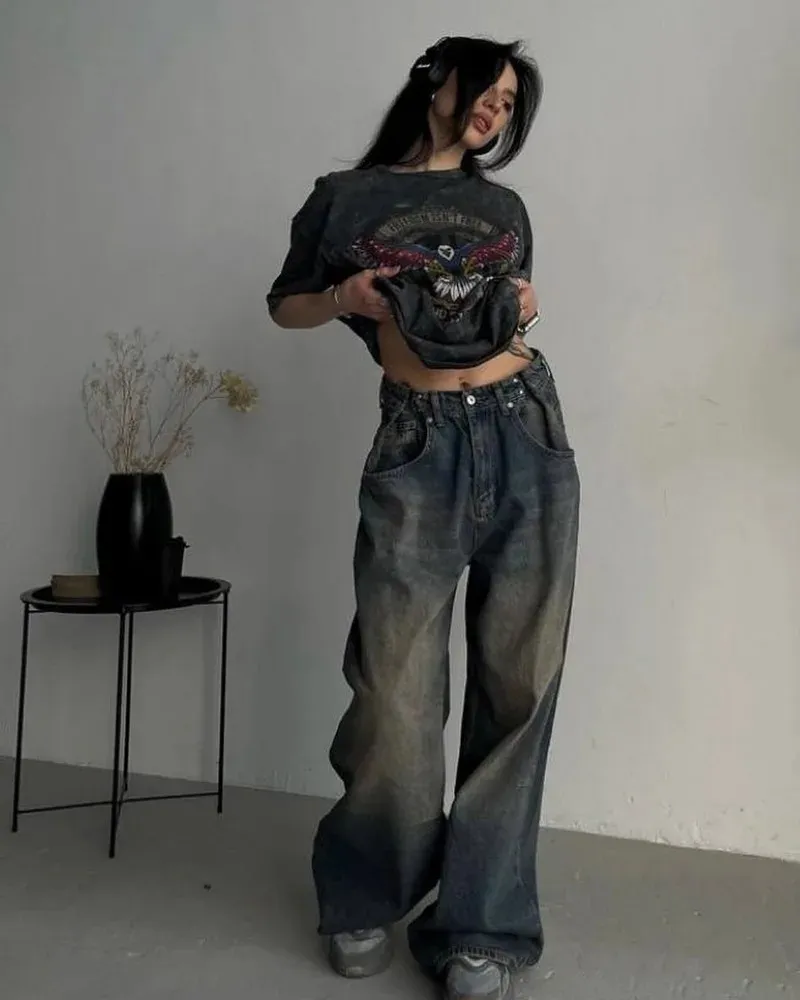 Men's Y2K Streetwear Washed Old Baggy Jean Vintage Harajuku Casual