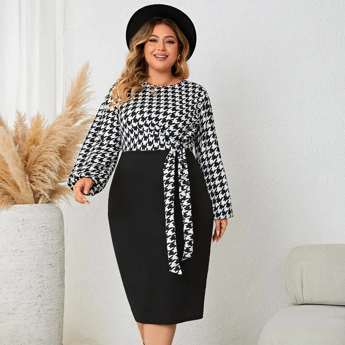 Plus Size Autumn Houndstooth Plaid Print Patchwork Midi Dress Women Bodycon Fashion Ladies Dresses Long Sleeve Woman Dress 240806