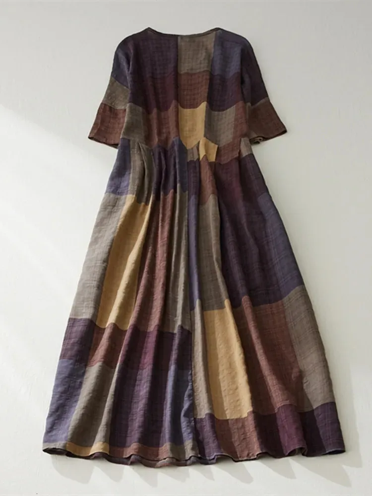 Summer Casual Fashion Dress for Plus Size Women - Loose Fit Plaid Cotton Linen Long Dress (240806) Summer Casual Fashion Dress for Plus Size Women - Loose Fit Plaid Cotton Linen Long Dress (240806)