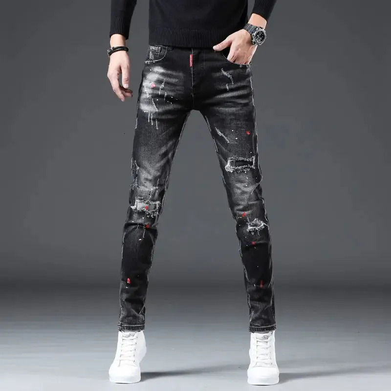 High Quality Mens Slim Fit Elastic Black Ripped Jeans Colorful Ink