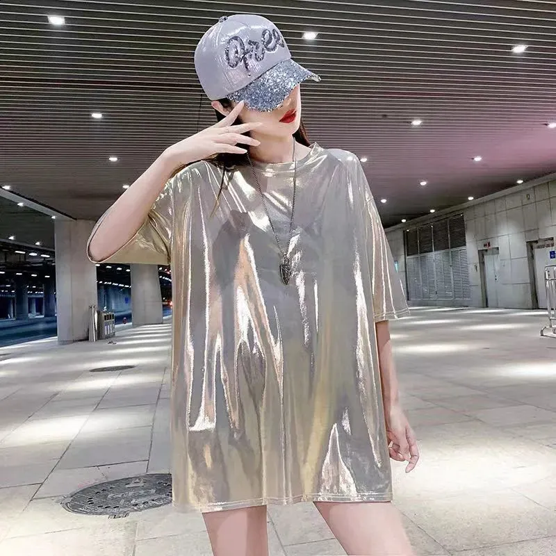 metallic t shirt dress Women's Plus Size Formal Dress Metallic Round Neck Short Sleeve Party Loose Mini T-Shirt Dress
