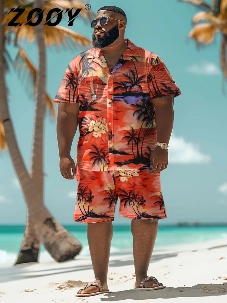 Plus Size Mens Summer Short Sleeve Shirt Set Two Piece Hawaii