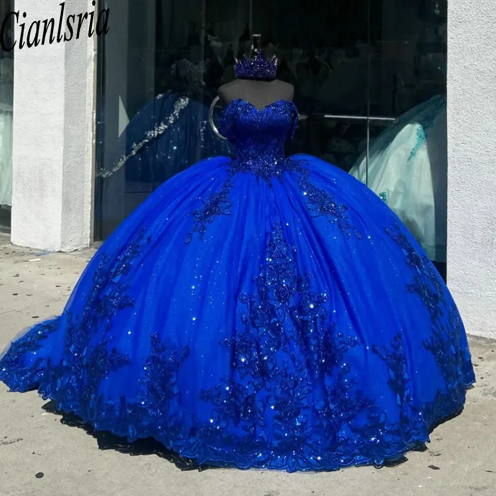 Off Shoulder Sleeveless Beaded Appliques Ruffles Bow Knot Blue Sweet 15 Quinceañera Dress WQ1692