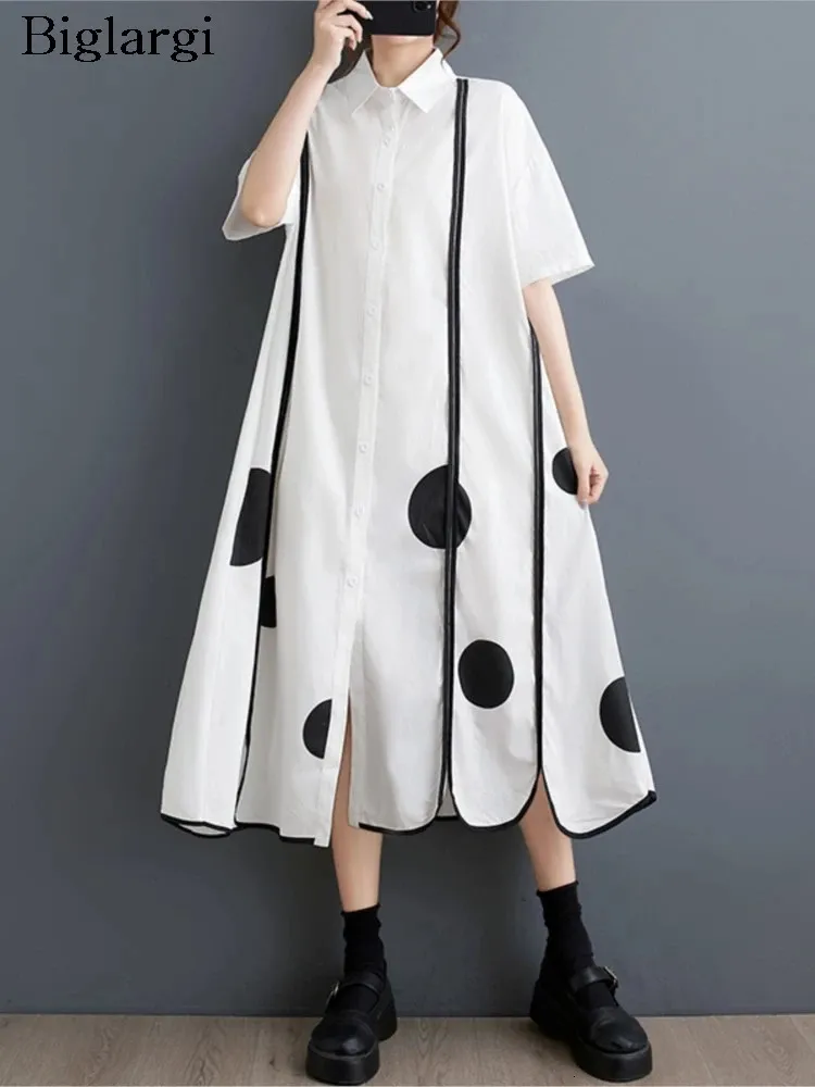 Summer Shirt Dress Women Irregular Polka Dot Print Fashion Ladies Dresses Casual Oversized Loose Ruffle Pleated Woman Midi Dress 240806 Summer Shirt Dress Women Irregular Polka Dot Print Fashion Ladies Dresses Casual Oversized Loose Ruffle Pleated Woman Midi Dress 240806