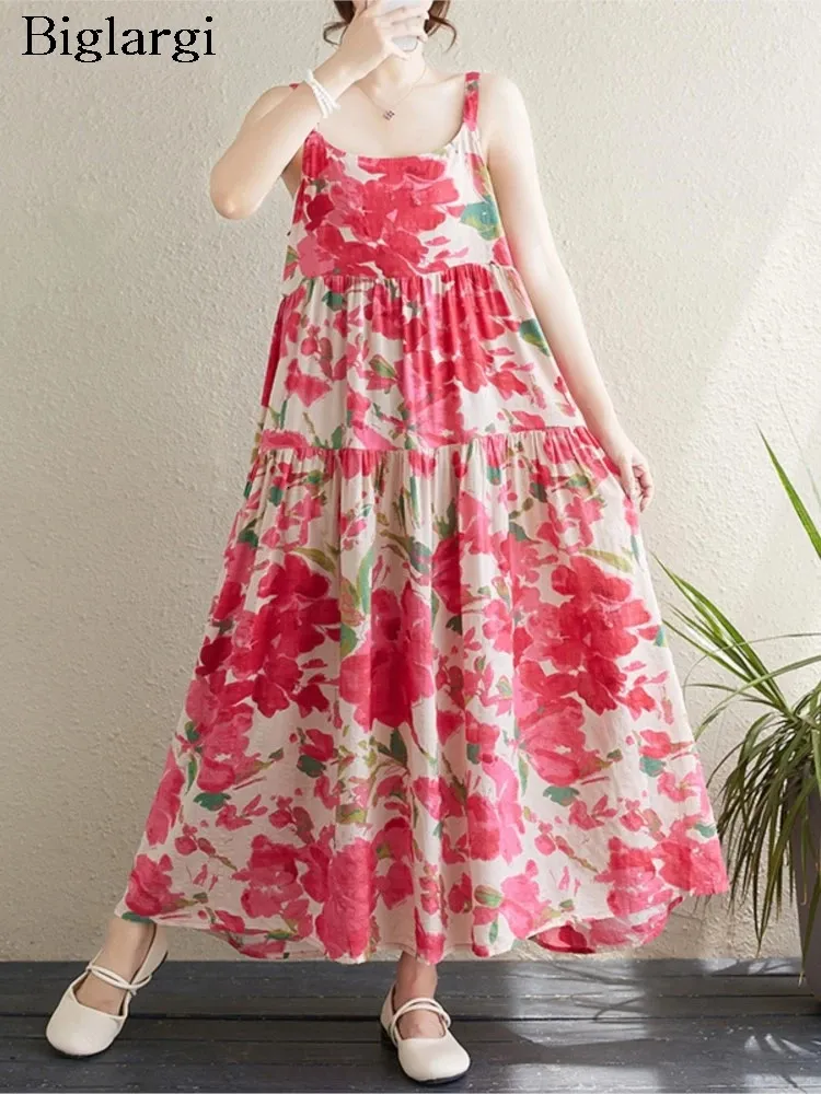 Floral Slip-On A-Line Dress with Oversized Sleeveless and Ruffle Detail for Women - Loose Fit and Pleated - Fashionable Ladies' Dress (240806)