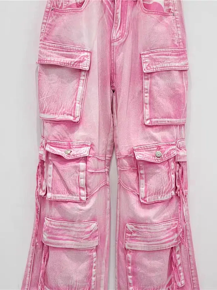 High Waist Pink Washed Jeans: Womens Cargo Denim Pants with