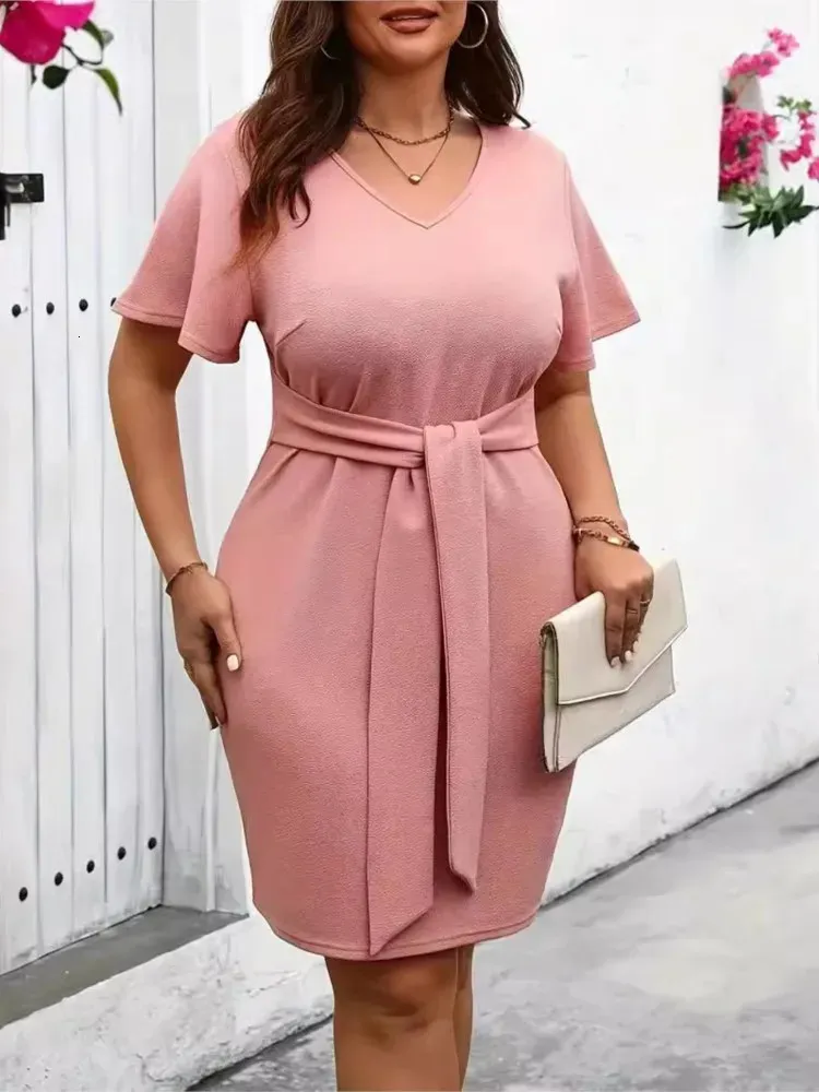 Summer Pink Bodycon Mini dress for Plus Size Women - Slim Fit, Ruffle Closure, Short Sleeves, Pleated V-Neck, Fashionable Ladies dress (240806)