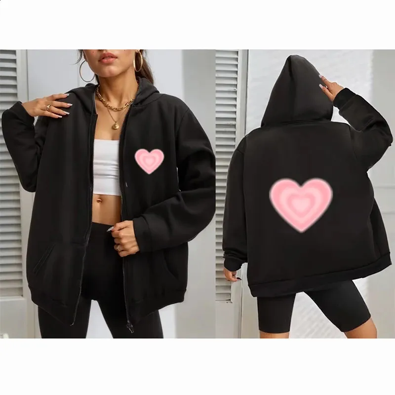 Y2K Heart Graphic Zip Up Hoodie Vintage Autumn Winter Sweatshirt