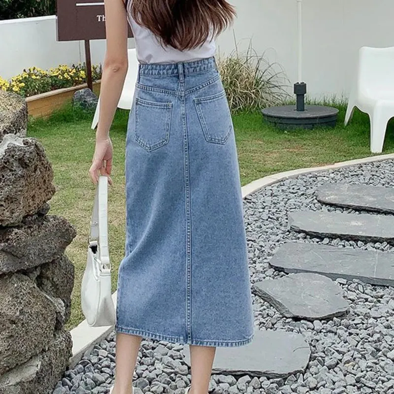 【BAON】Jikik Denim Long Skirt Vintage Korean Style High Waist denim jeans skirt for Women