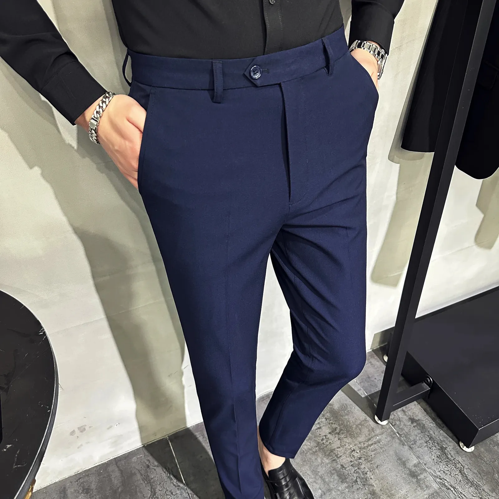 Ankle Length Long Length Dress Pants Slim Fit Cropped Trouses In Plain Grey  Brown Black