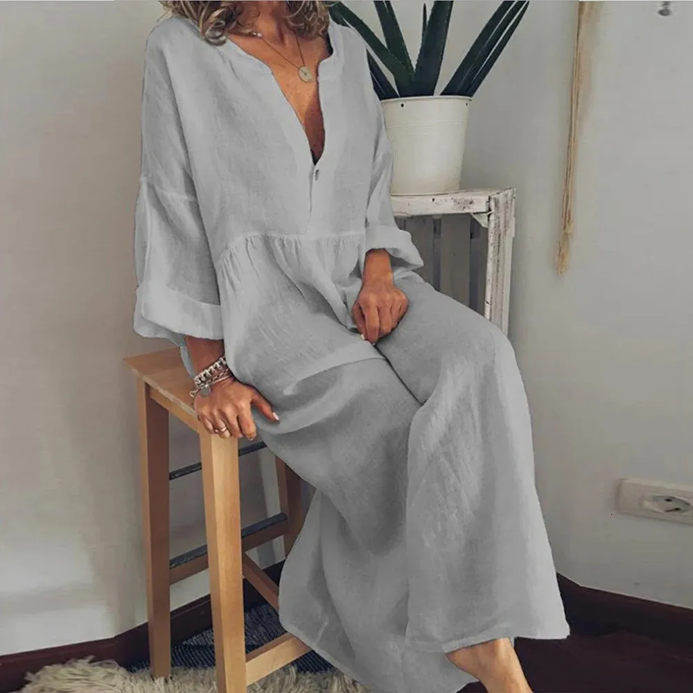 Plus Size L-5XL V-neck Loose Cotton Linen Shirt Dress Women Solid Color Long  Sleeve Midi Dress Summer Holiday from Dhgate Plus size Dresses - price 60.41