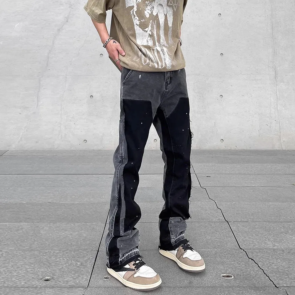 Graffiti Black Flared Denim Pants Mens Vintage Hip Hop Wide Leg