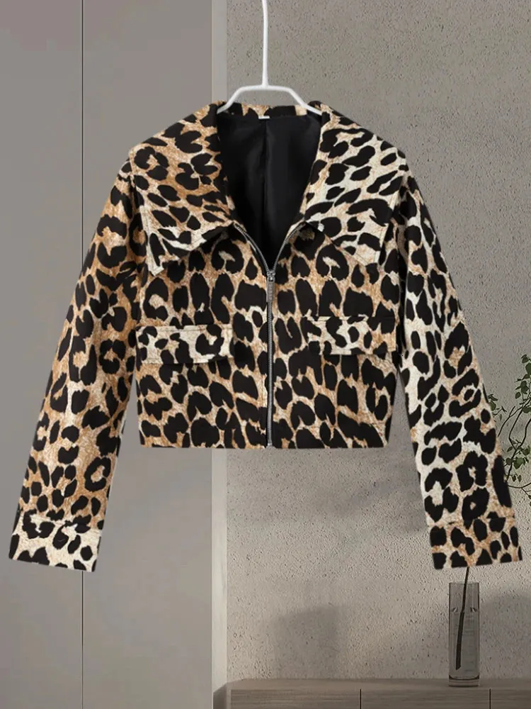 Leopard Print Cropped Biker Jacket: Y2K Fashion, Womens Moto