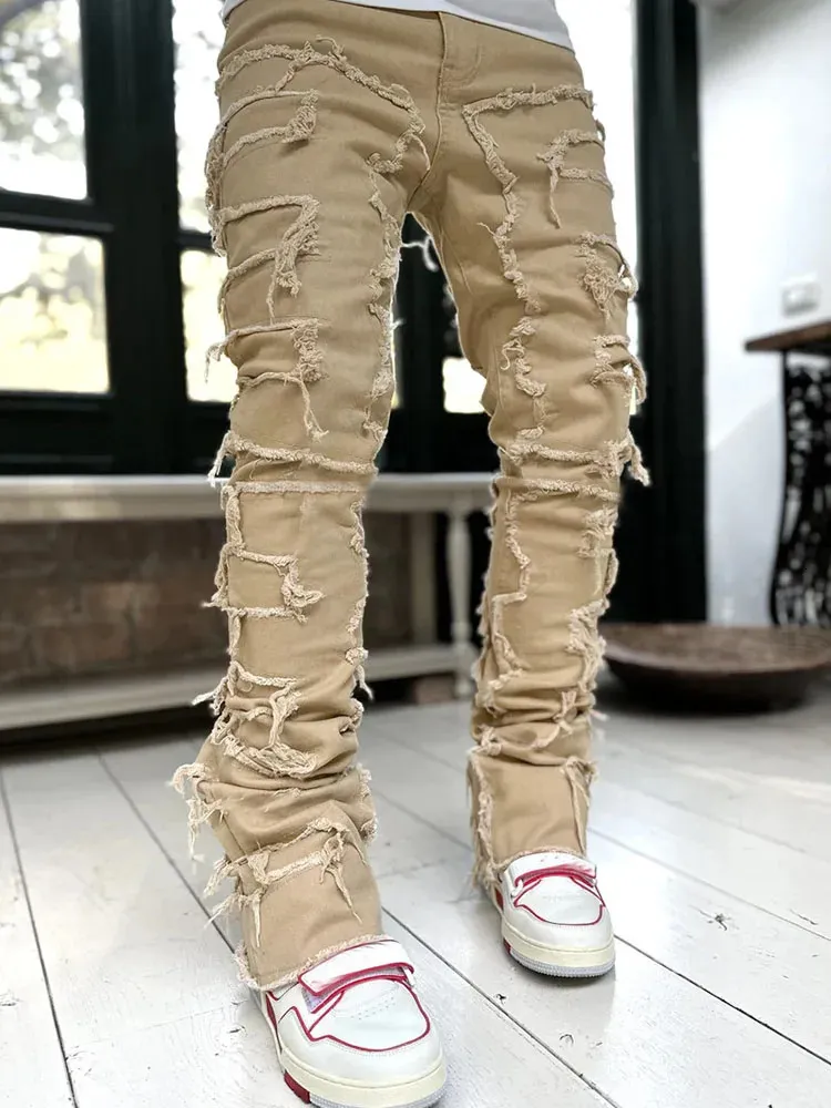 Stacked Jeans Men Skinny Ripped Jeans Slim Fit Denim Pants