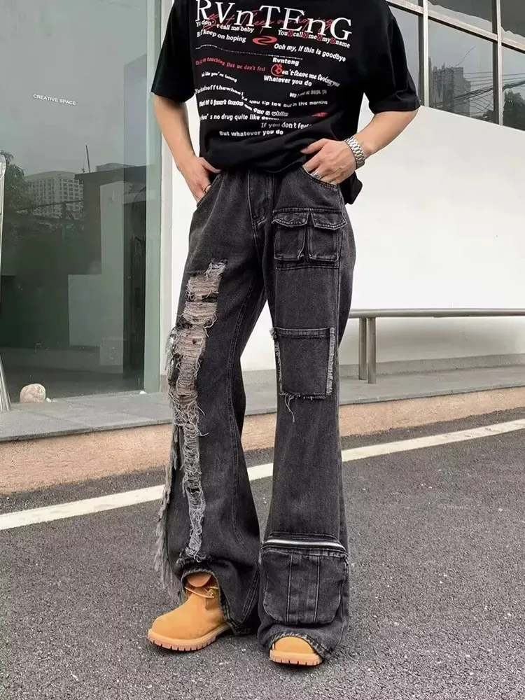 Washed Black Ripped Baggy Flare Jeans - Y2K Grunge Streetwear