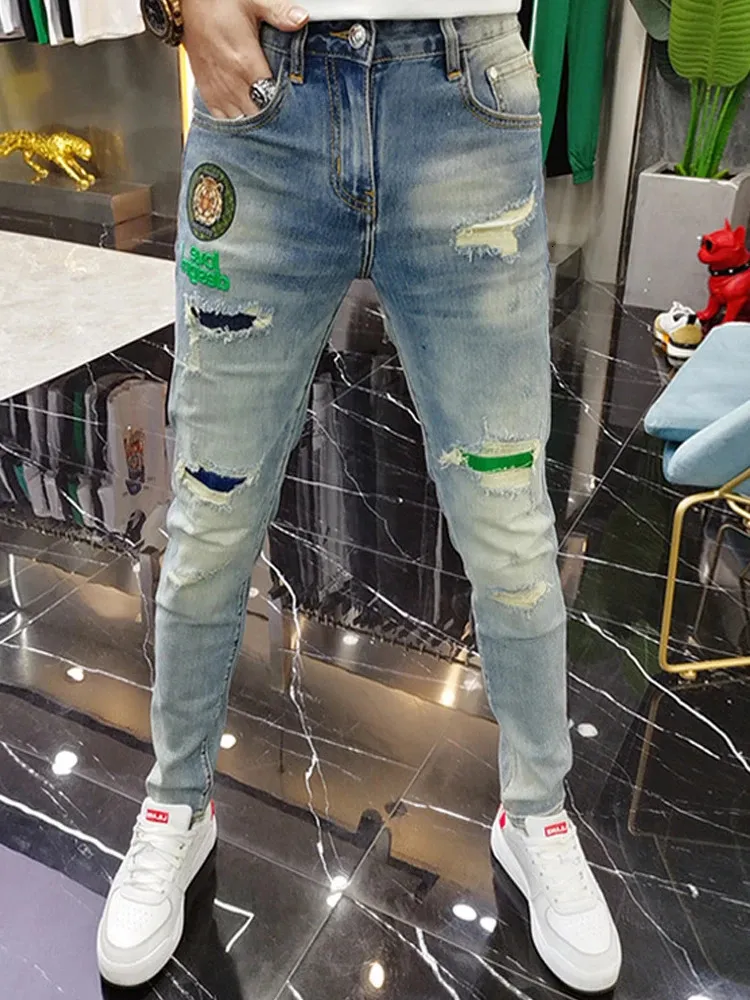 Mens Ripped Splice Jeans Embroidery Skinny Pants High Quality Slim