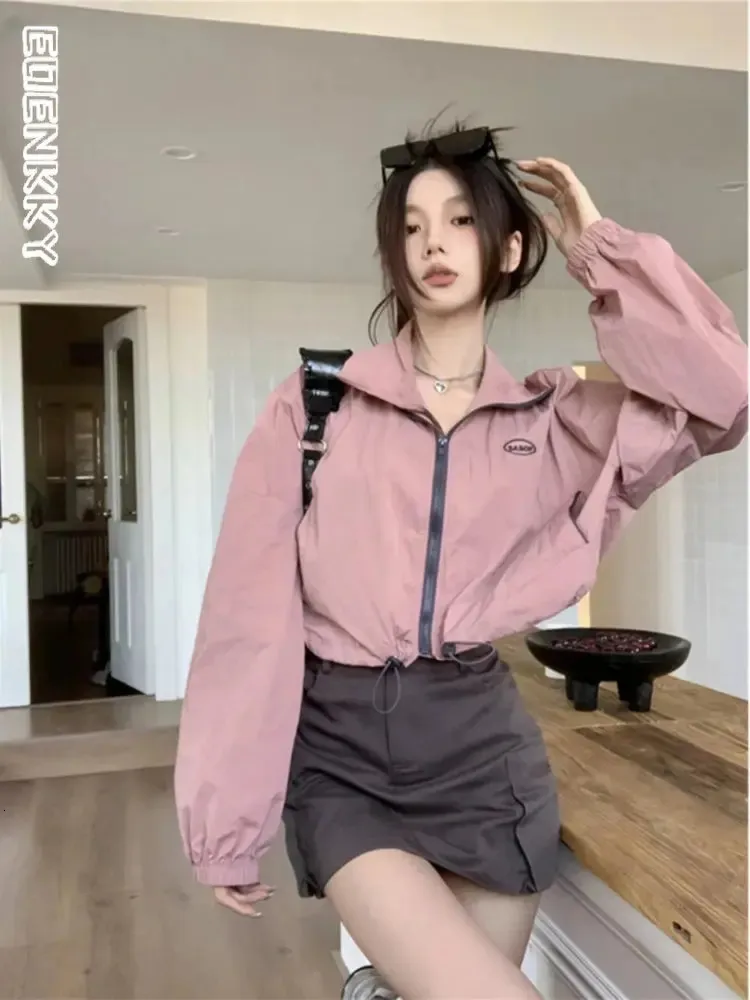 EUDENKKY Pink Cropped Windbreaker Jacket – Y2K From Eshinestore