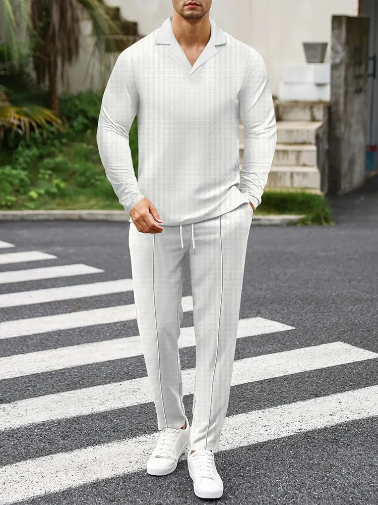Mens Outfits: Autumn Waffle Knit Lapel Polo Shirt And Pants Set