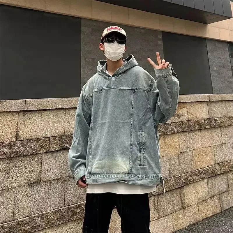 Hooded Denim Hoodie With Denim Jacket Outfit American Style Retro