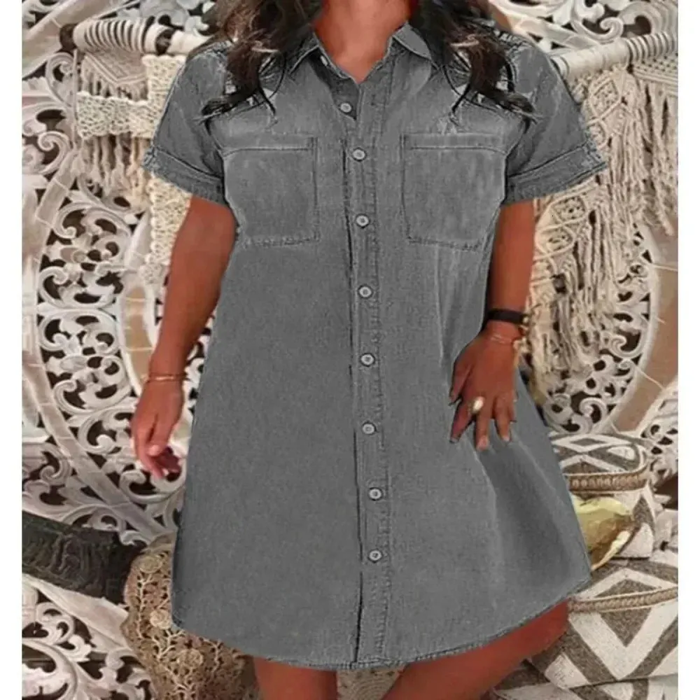 white christmas dresses Blue Plus Size Denim Maxi Shirt Dress Collar main image 0