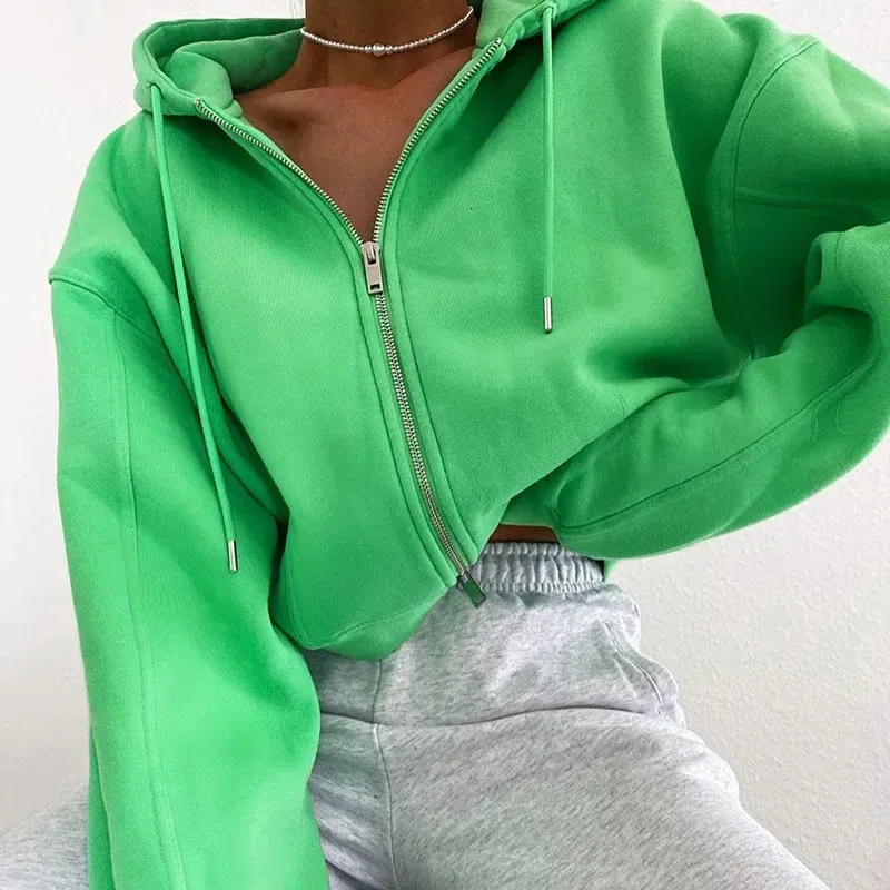 2024 Neon Green Sportswear Casual Cotton Zipper Top Solid Navy Drawstring Hooded Women s Sweatshirt