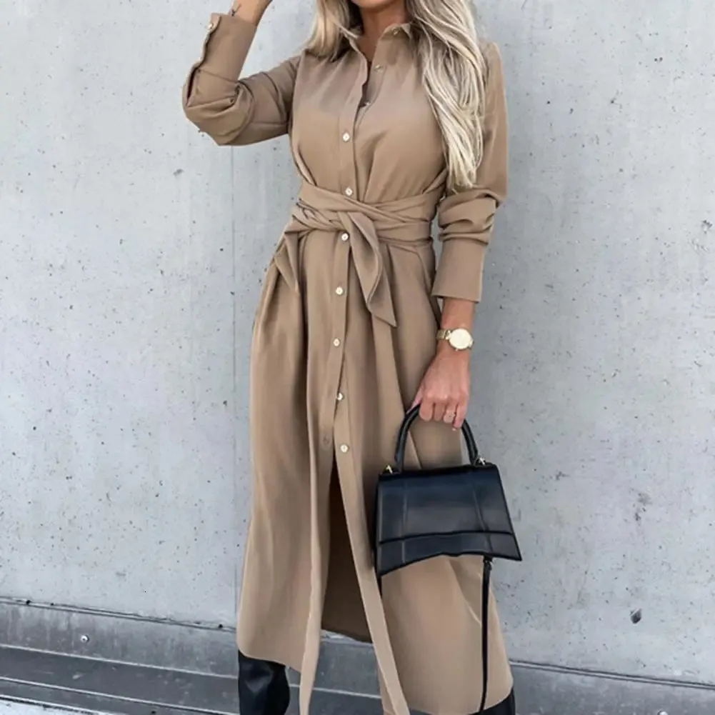 Elegant Single Breasted Maxi Dress for Women - Solid Color, Large Hem, Turn-Down Collar, Waist Lace-up - Perfect for Autumn - Style 240807