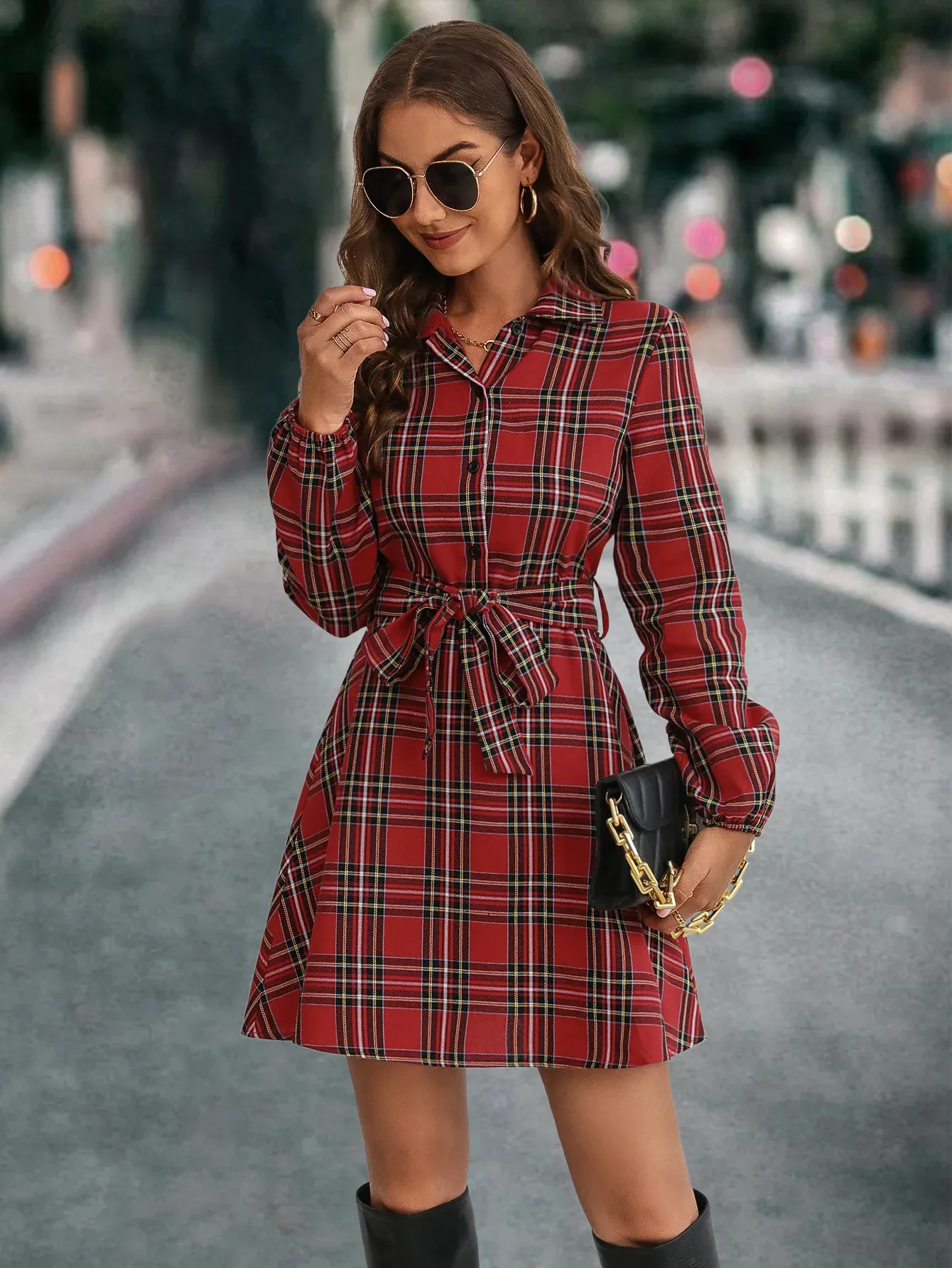 Christmas Dress Long Sleeve Tartan Dress Green Plaid Womens Green Tartan  Dress Elegant Plaid Plaid Shirt Dress Womens For Women Slim Fit,