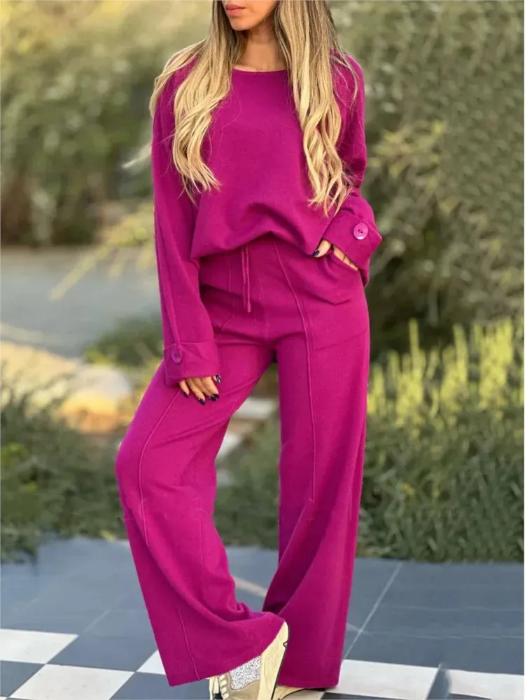 Ensemble Décontracté Femme 2 Pièces – Haut Manches Longues Et Pantalon Large, Tissu Léger Polyester, Idéal Pour Maison, Sport Ou Sortie Casual