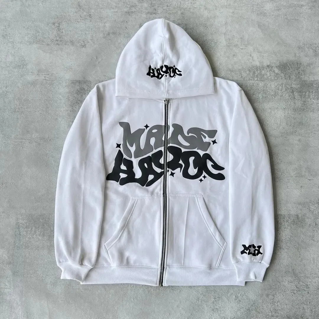 Oversized Y2k Zip Up Hoodie Mens Streetwear - Printed Hip