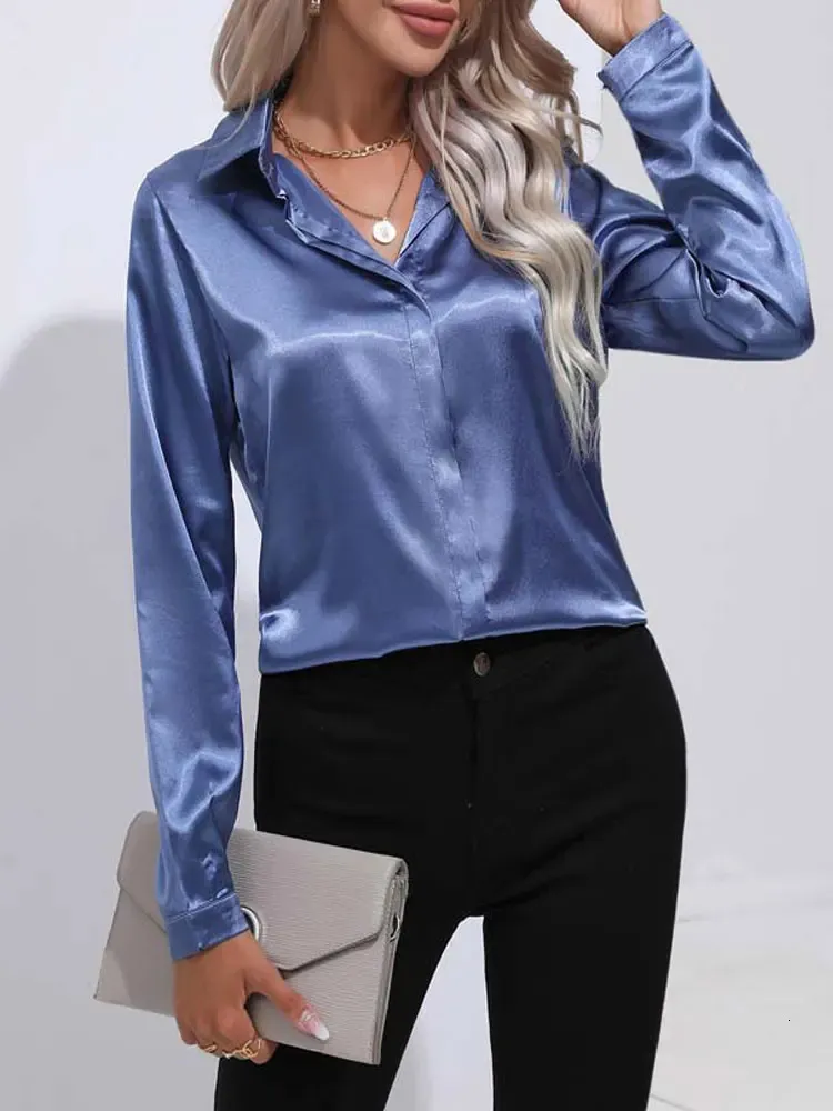 Women's Satin Silk Button-Up Blouse OL Work Ladies V Neck Lapel Tops Dress Shirt | IL