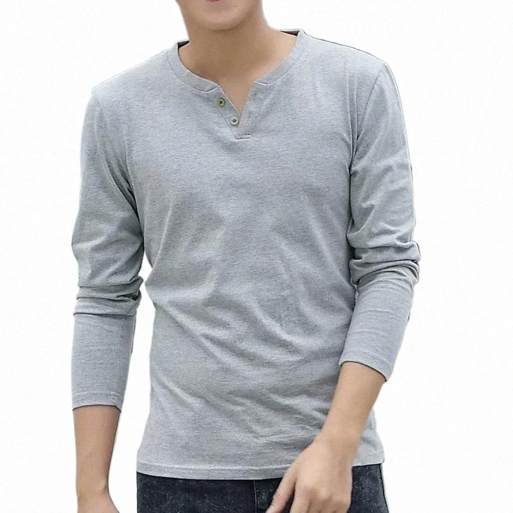 T-Shirt - Casual Long Sleeve V-Necked Plain Cotton Tee Men's