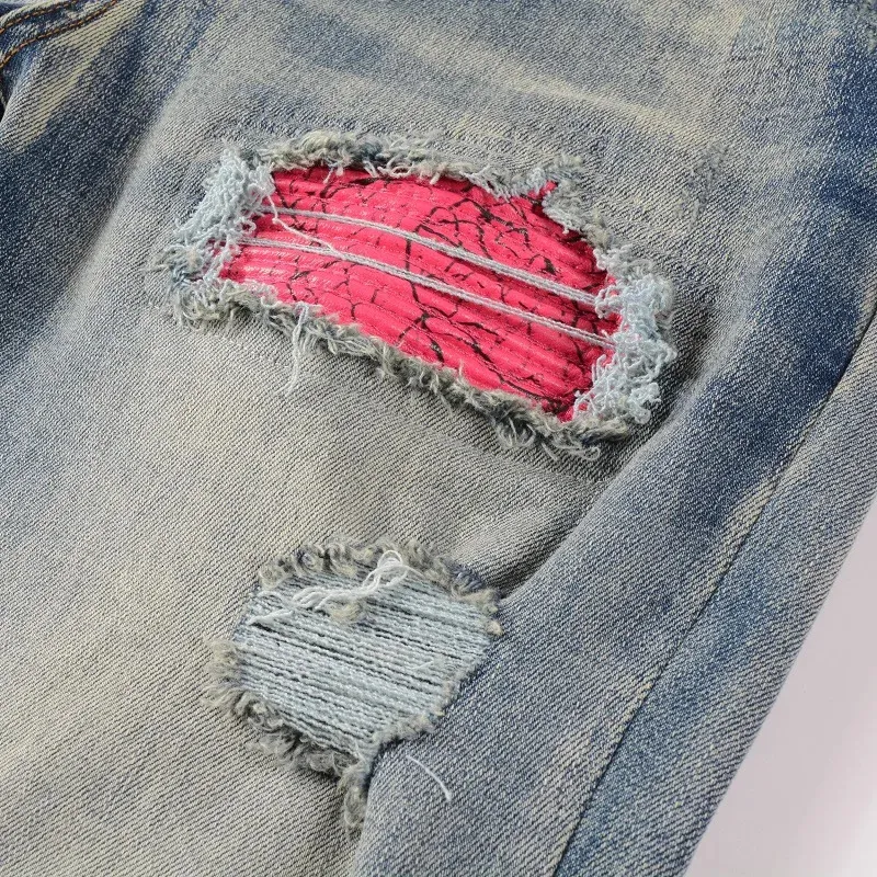 Men's Patchwork Ripped Biker Jeans – Stretch Denim, Pleated Knees, Streetwear Style | Distressed Skinny Fit - View #8