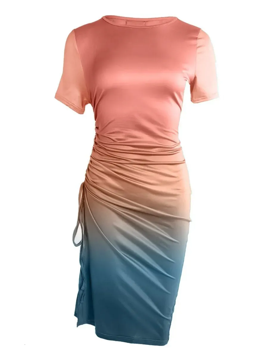 Plus Size Gradient Drawstring Bodycon Dress with Ruched Detailing and High Split - Summer Fashion for Body-shaping Females (240807)