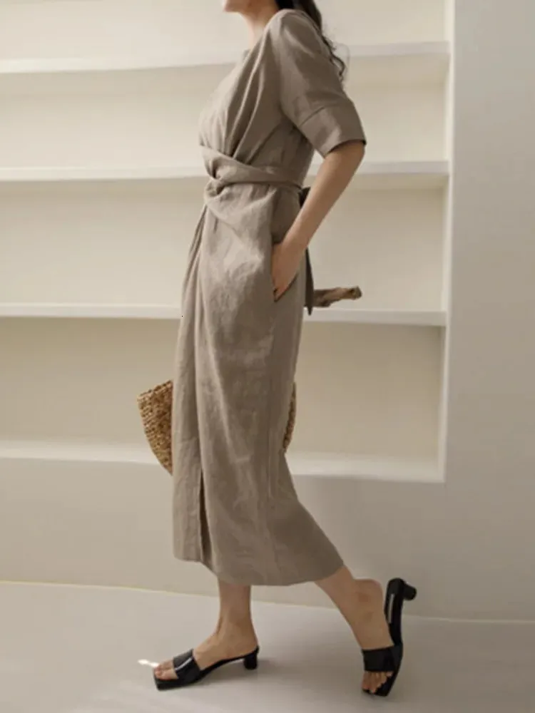 Robe Chemise En Coton Et Lin Pour Femmes, Manches Longues, Ouverte Sur Le Devant, Décontractée, Chic, Couleur Unie, Coupe Ample, Pour Le Travail Et Le Quotidien, Nouvelle Grande Taille (Navy, L