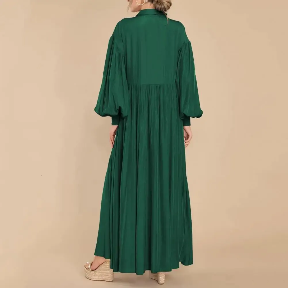 Elegant Women's maxi dress with Pleated A-line Silhouette and Turn-down Collar - Solid Color Long Sleeve for Fall (240807)