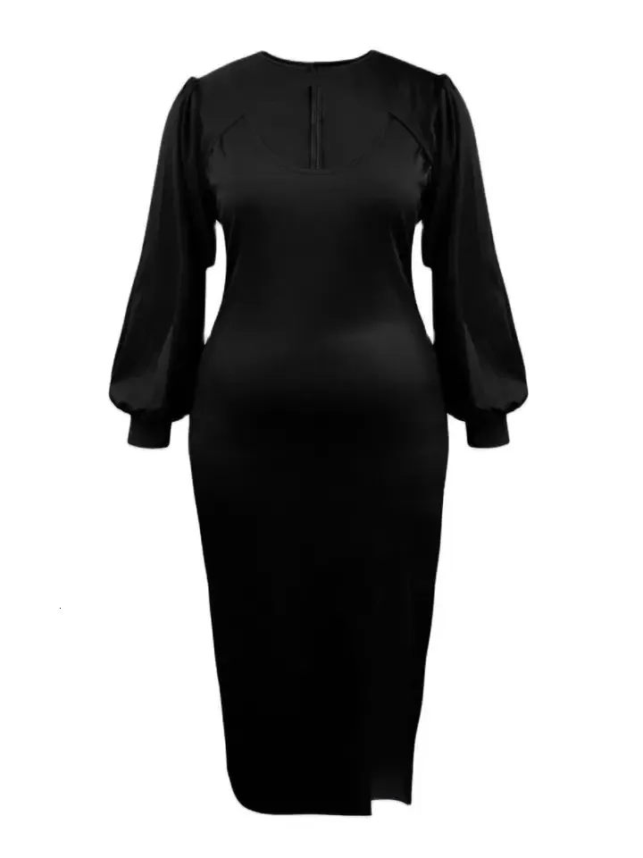 Plus Size Lantern Sleeve Cut Out Slit Pencil Dress - Elegant Black evening Dress for Women (240807)