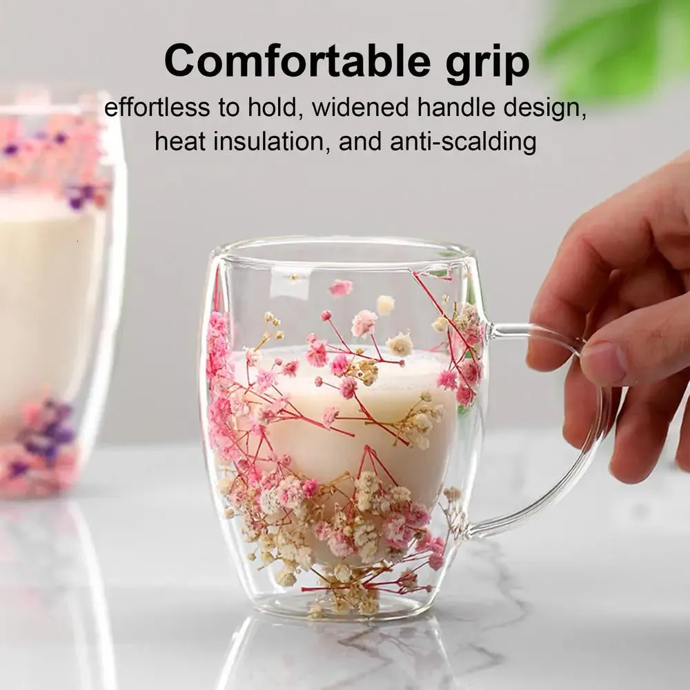 Flower Glass Double Wall Glass - 350ml Aesthetic Dried Flowers Double Wall Glass Coffee Mugs | Creative Clear Glass Cups With Handle,Anti-Scalding Creative Coffee Cups For Hot Beverages,Tea Or Coffee